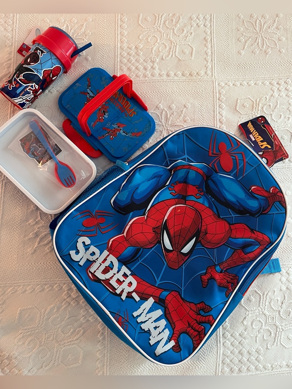 Marvel Spider-Man Kids Backpack Bento Box Lunch Set Fork Spoon Sticker Blue Red
